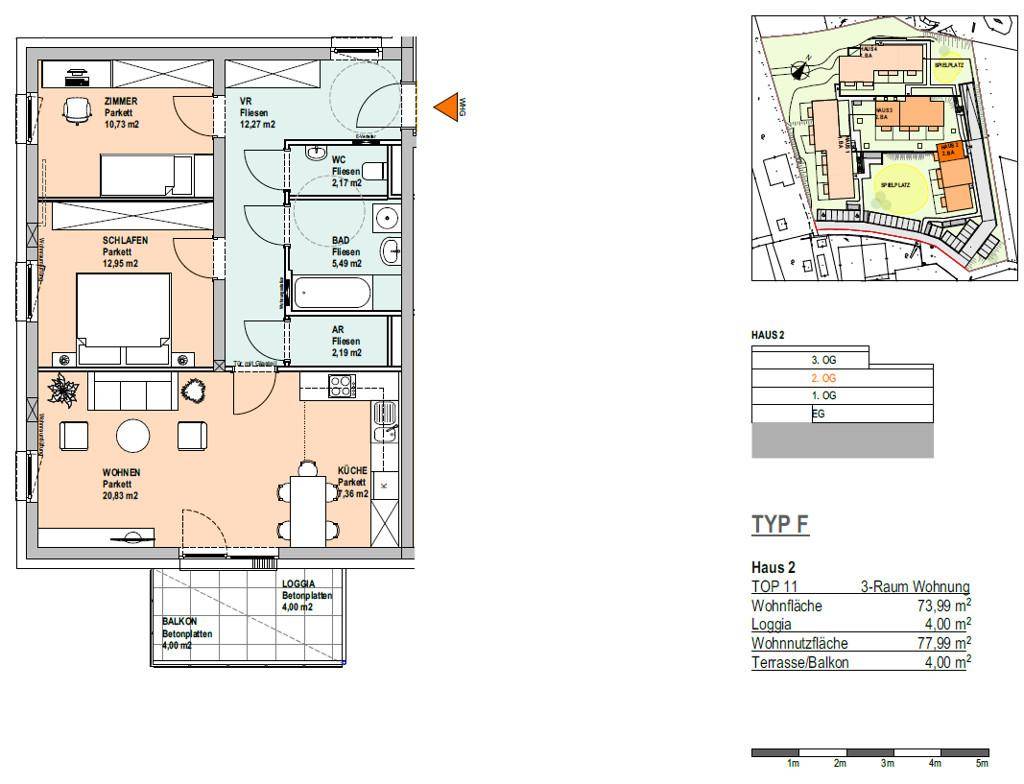 Detaillierter Grundriss einer 3-Zimmer-Wohnung mit Loggia und Balkon in Haus 2.