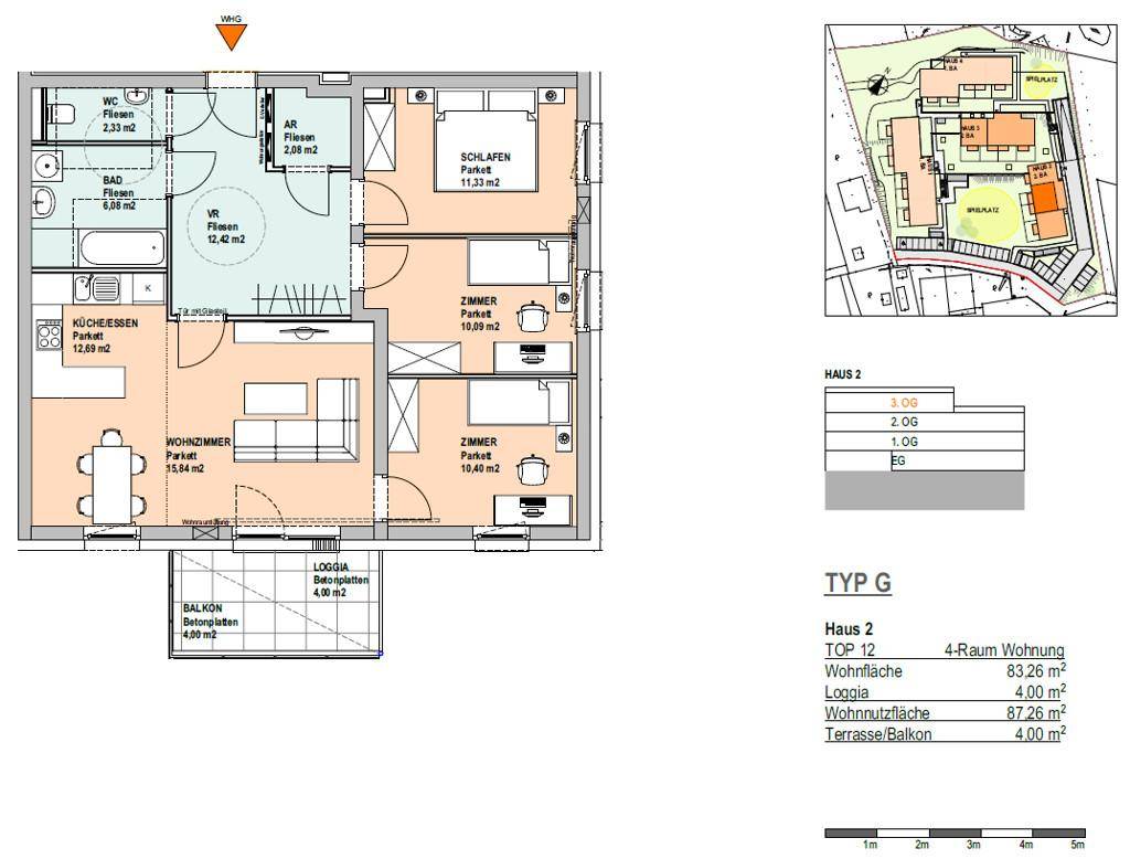 Detaillierter Grundriss einer 4-Zimmer-Wohnung mit Balkon und Loggia.