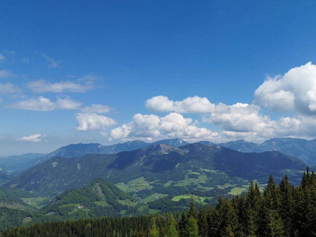 Weitläufiger Blick auf die grüne Hügellandschaft und bewaldete Berge unter einem klaren blauen Himmel.