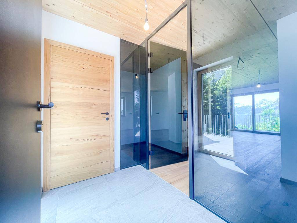 Moderner Eingangsbereich mit Holztür, Glaswänden und Blick auf den Außenbereich mit Bäumen.