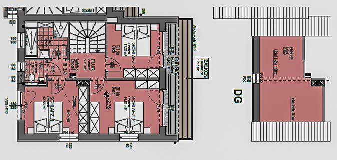 Grundriss des Obergeschosses mit drei Schlafzimmern, Bad, separatem WC und Balkon sowie Dachgeschoss.