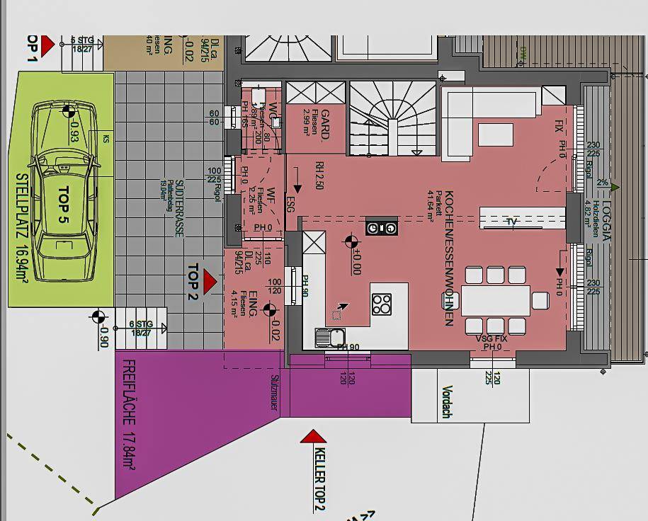 Grundriss des Erdgeschosses mit offenem Wohn-Essbereich, Küche, großer Terrasse und Stellplatz.