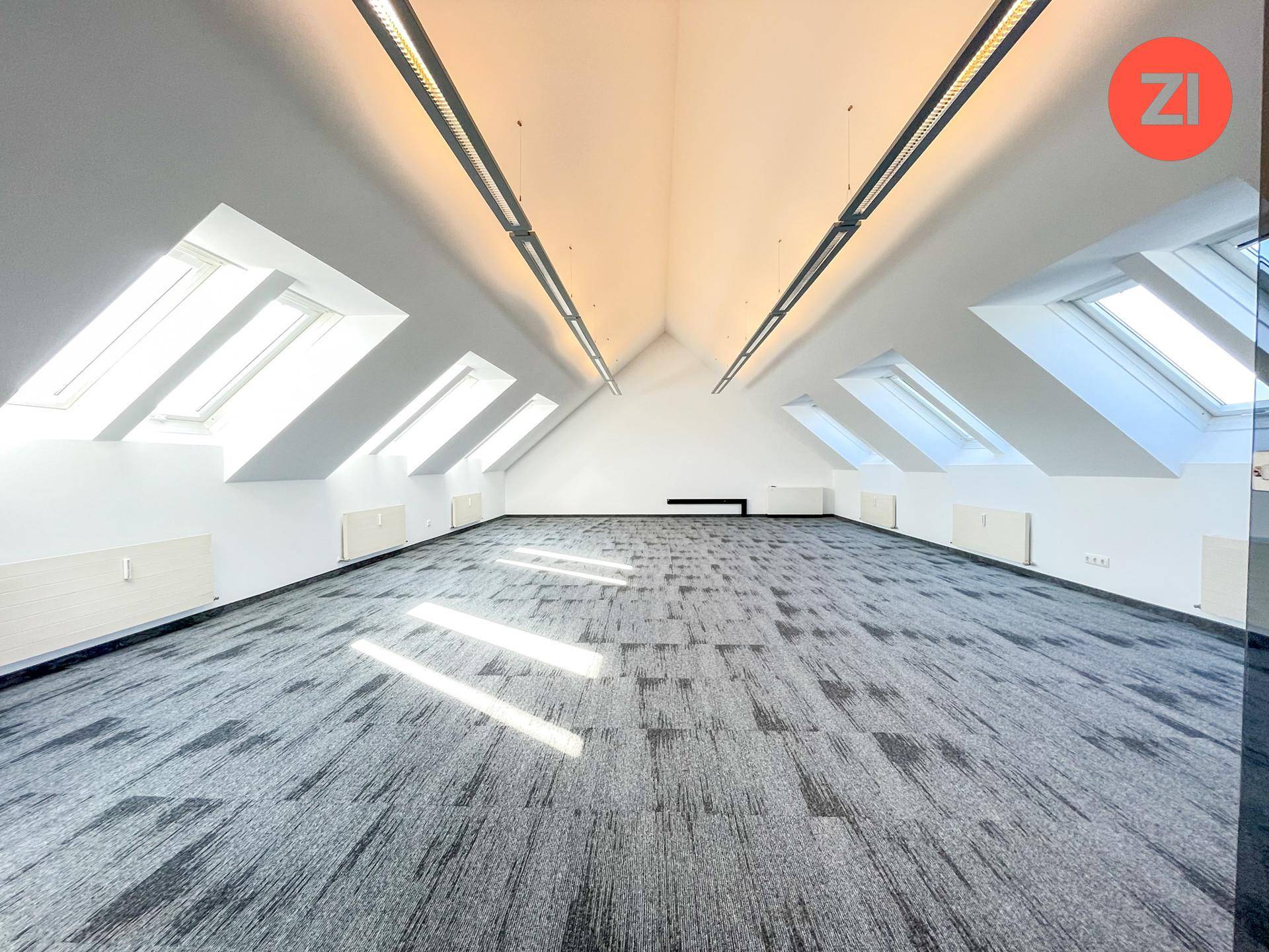 Großzügiger Büroraum im Dachgeschoss mit Teppichboden und mehreren Dachfenstern für viel Helligkeit.