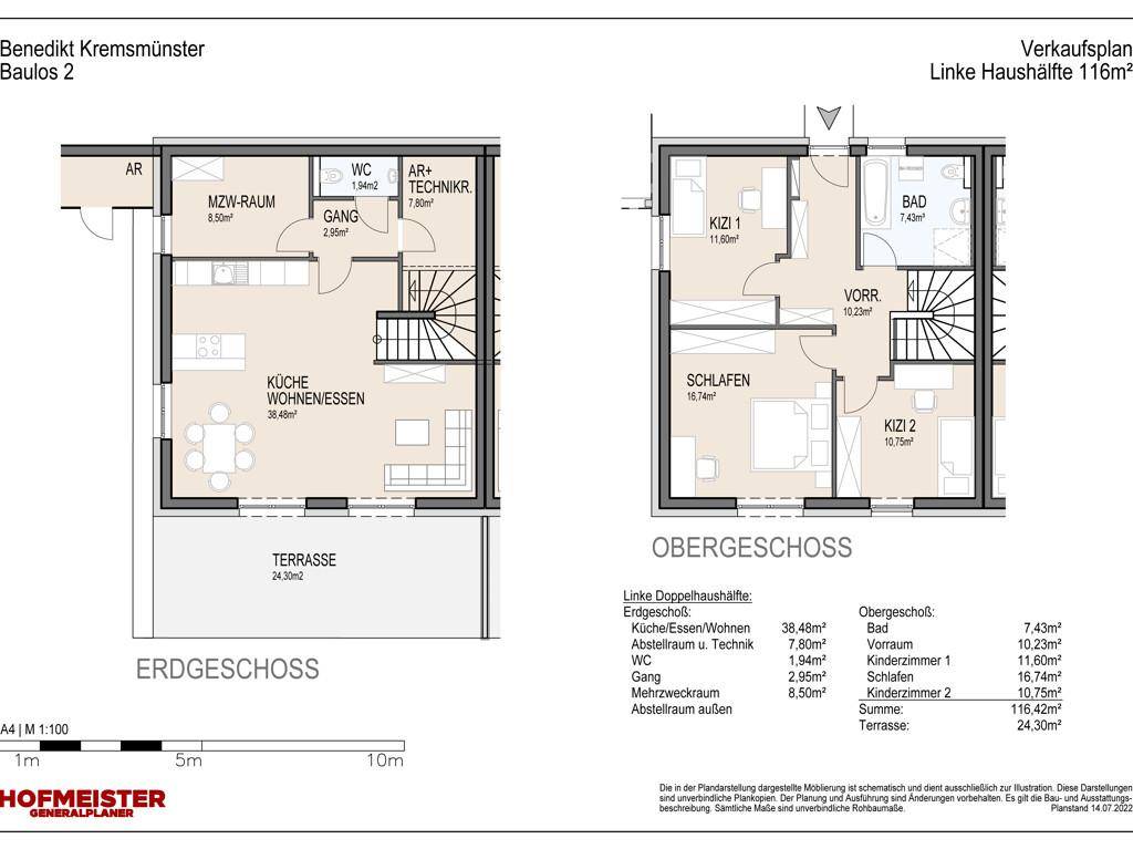 Grundriss der Doppelhaushälfte mit Erdgeschoss und Obergeschoss, inklusive Terrasse und mehreren Zimmern.