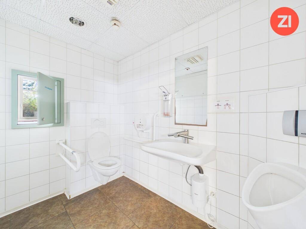 Barrierefreies Badezimmer mit WC, Urinal, Waschbecken und Haltegriffen, ausgestattet mit Fenster.