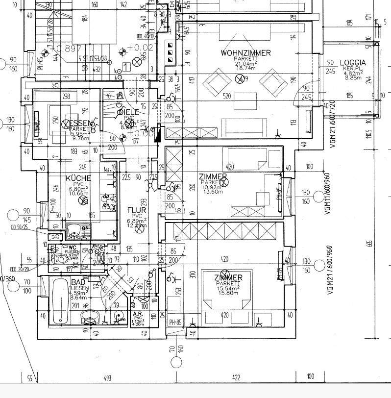 Detaillierter Grundriss der Wohnung mit Wohnzimmer, Küche, Bad und Loggia.