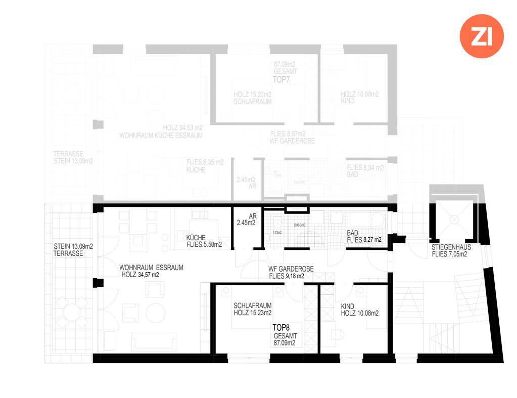 Detaillierter Grundriss einer Wohnung mit offenem Wohn-Essbereich, zwei Schlafzimmern und Terrasse.