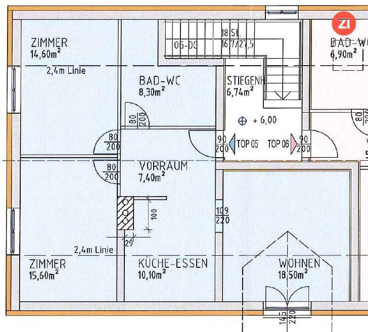 Grundrissplan mit offenem Wohnbereich, zwei Bädern und Dachschrägen in den Zimmern.