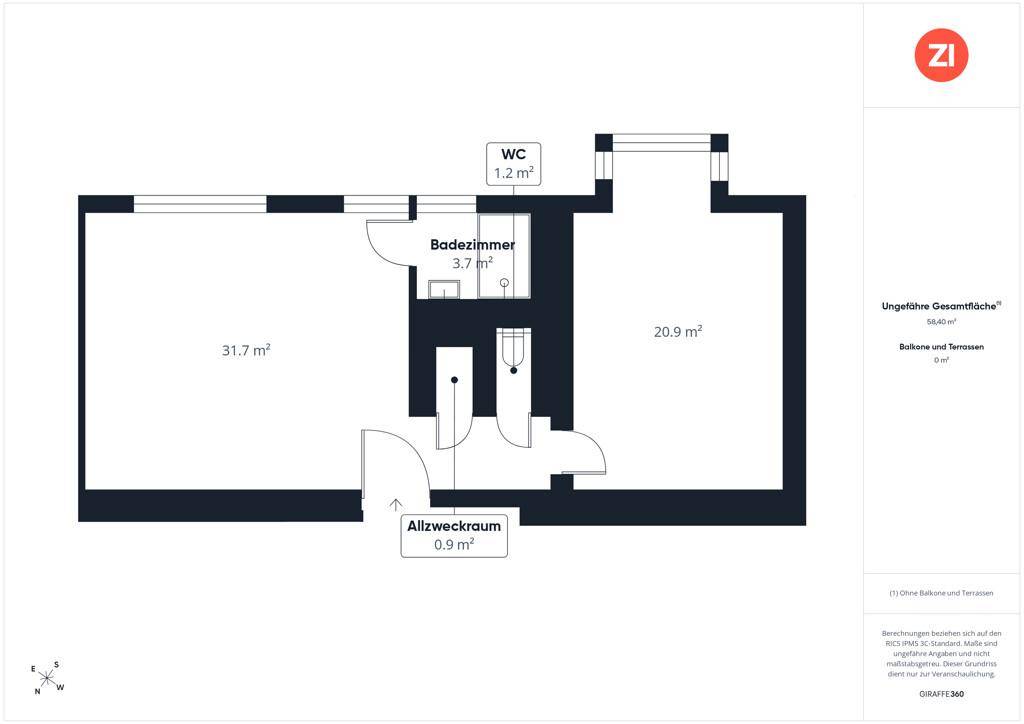 Grundriss einer Wohnung mit Badezimmer, separatem WC und zwei großen Hauptzimmern.