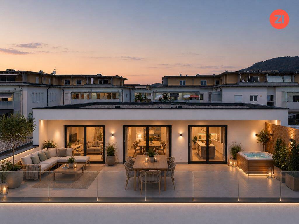 Luxuriöse Dachterrasse bei Sonnenuntergang mit Sitzgelegenheiten, Esstisch und Whirlpool.