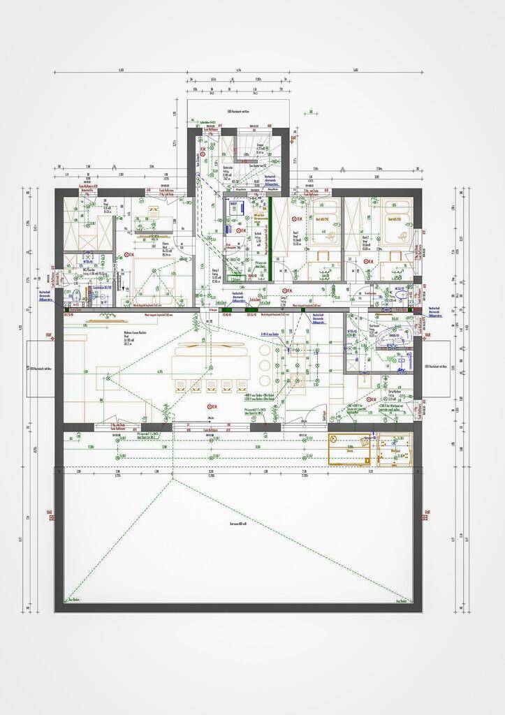 Detaillierter Grundriss mit Raumaufteilung und technischen Installationen.