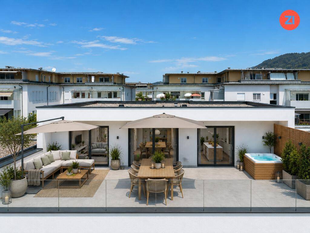 Helle Dachterrasse mit modernen Möbeln, Sonnenschirmen und Whirlpool unter blauem Himmel.
