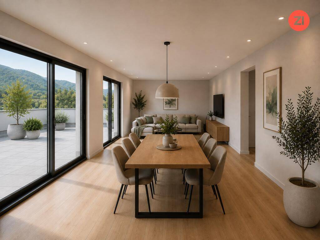 Helles Wohn-Esszimmer mit Holzboden, großem Esstisch und Zugang zu einer Außenterrasse.