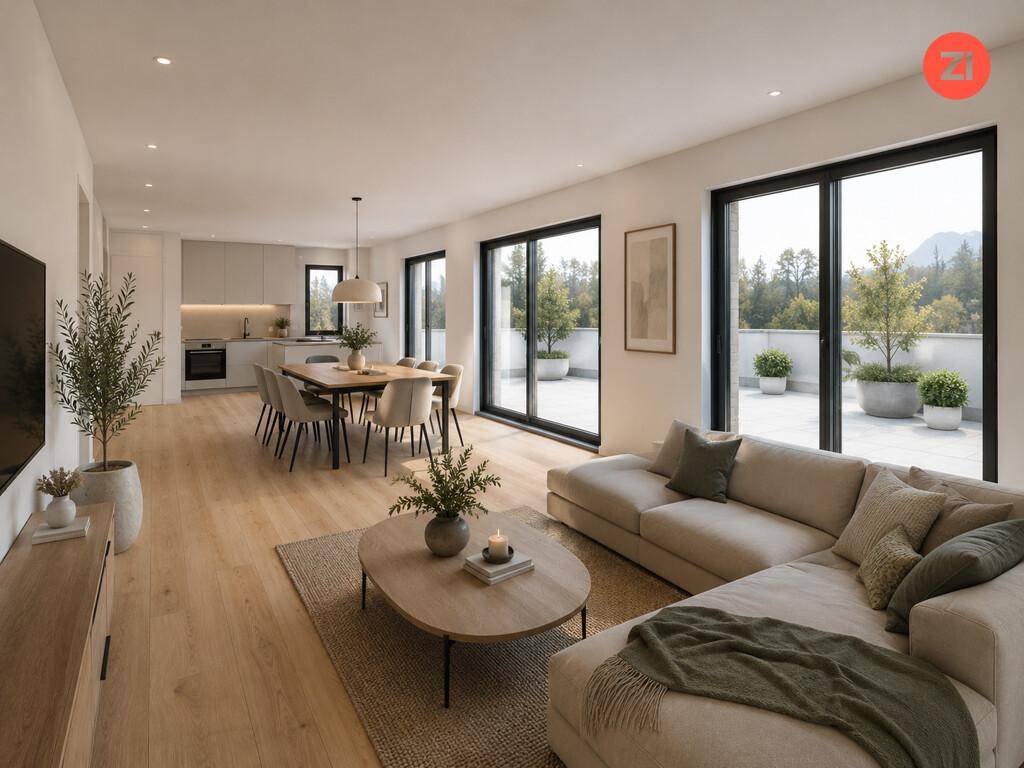 Modernes offenes Wohn-Esszimmer mit Holzboden, integrierter Küche und Zugang zur Terrasse.