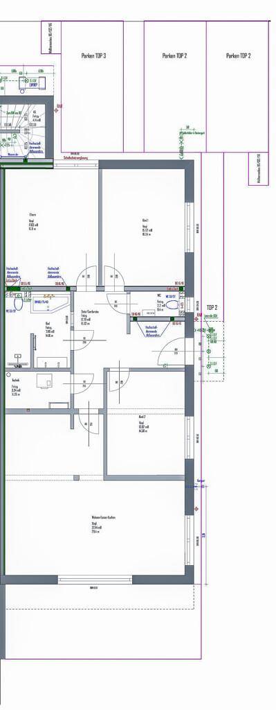 Detaillierter Grundrissplan einer Wohneinheit mit mehreren Zimmern und Sanitärbereichen.