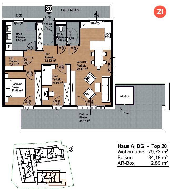 Detaillierter Grundriss einer Wohnung mit drei Schlafzimmern, Balkon und offenem Wohnbereich.