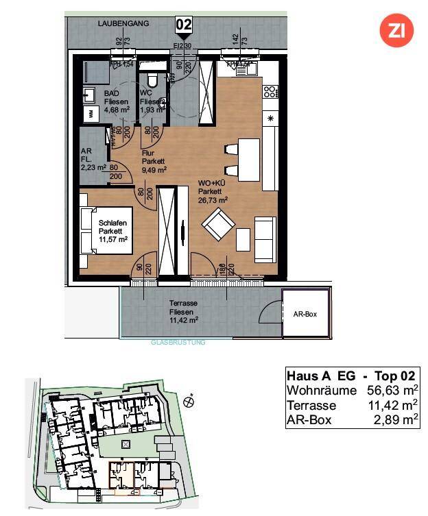 Detaillierter Grundriss einer Wohnung mit offenem Wohnbereich, Schlafzimmer und Terrasse.