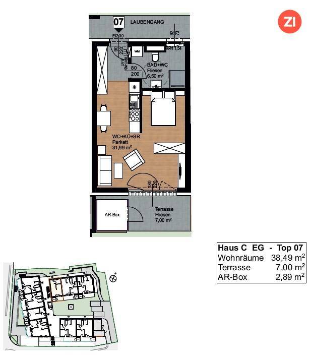 Grundriss einer Wohnung mit offenem Wohn-Küchenbereich, Bad und Terrasse.