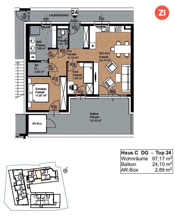 Grundriss einer Wohnung mit zwei Schlafzimmern, offenem Wohnbereich und Balkon.