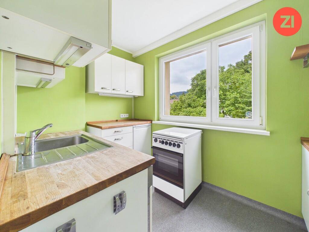 Einfache Küche mit grünen Wänden, Holz-Arbeitsplatten und einem Fenster mit Blick ins Grüne.