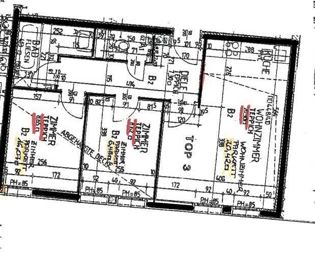 Detaillierter Grundriss der Wohnung mit Zimmern, Bad und Wohnbereich.