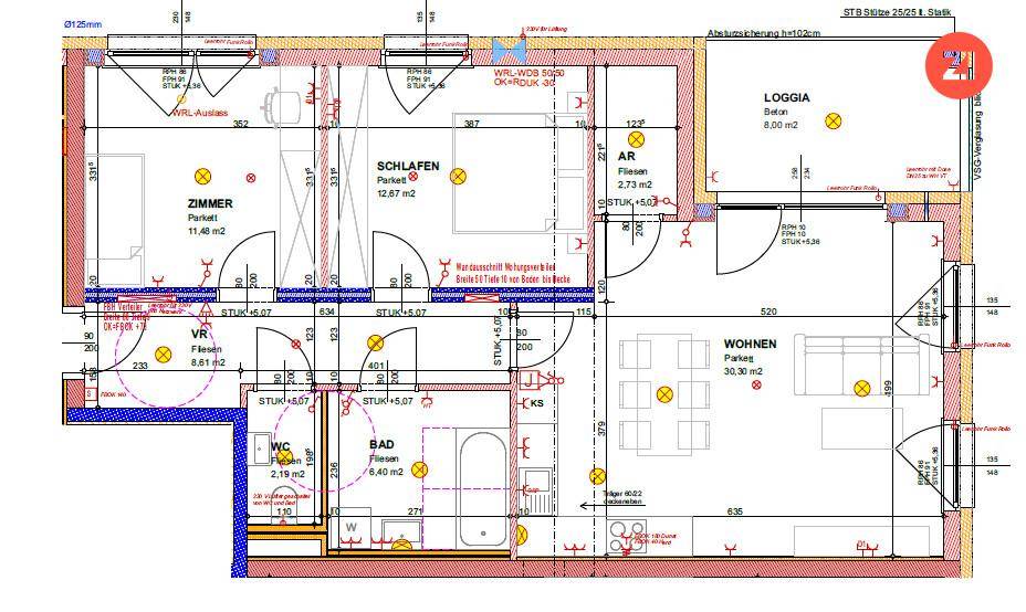 Detaillierter Grundriss einer Wohnung mit Wohnzimmer, Schlafzimmer und Loggia.
