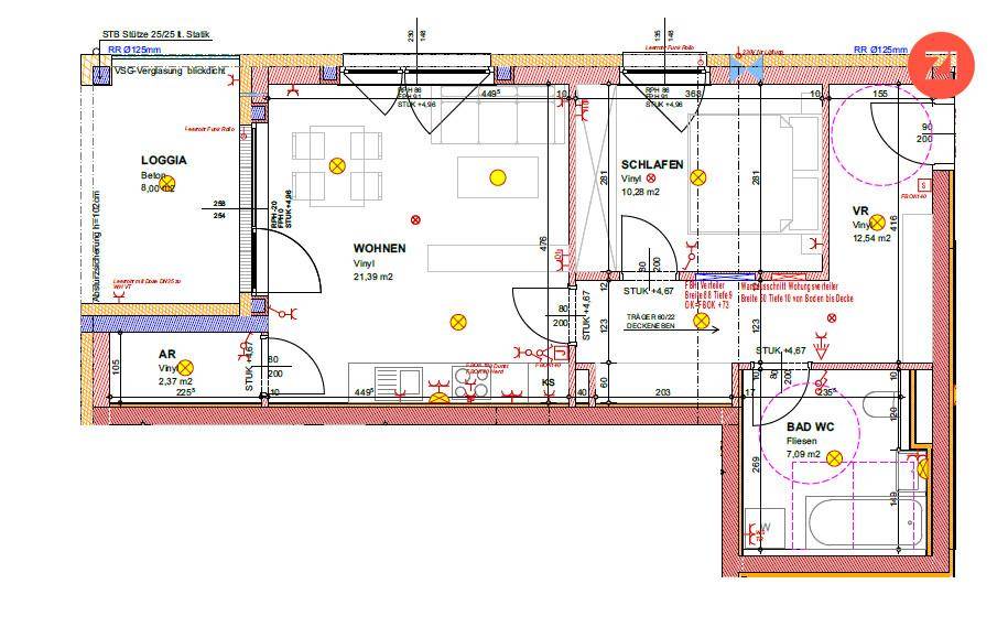 Detaillierter Grundriss einer Wohnung mit Loggia, Schlafzimmer und Bad.