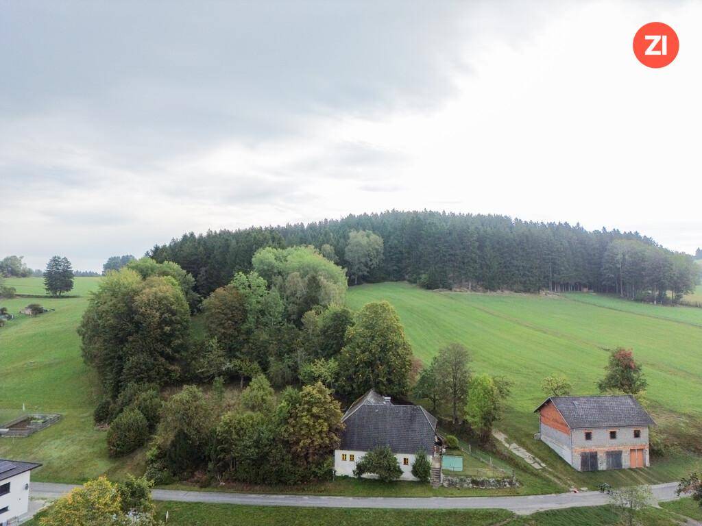 Luftaufnahme eines ländlichen Anwesens mit Haupthaus und Nebengebäude, eingebettet in Wald und Wiesen.