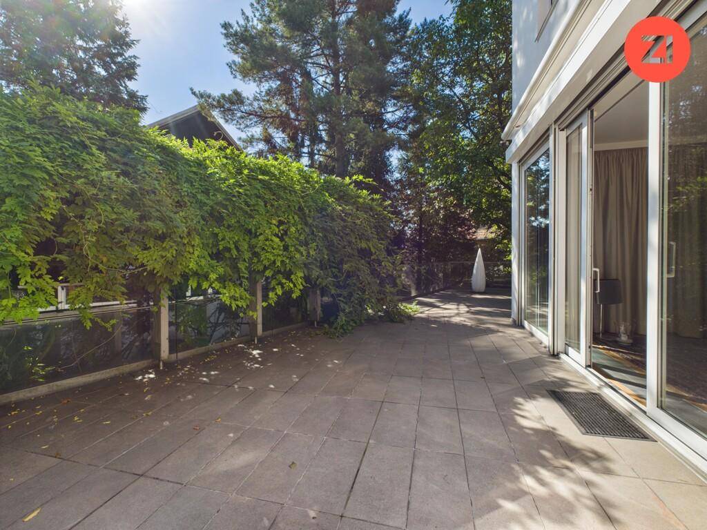 Große gepflasterte Terrasse mit üppiger Begrünung und viel Platz im Freien.