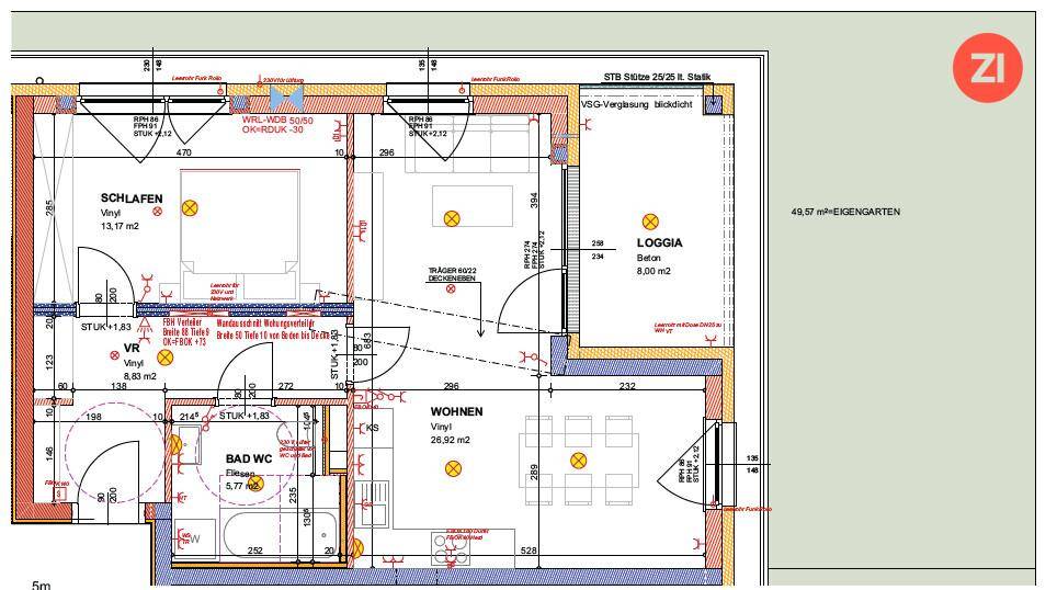 Detaillierter Grundriss einer Wohnung mit Schlafzimmer, Wohnbereich und Loggia.