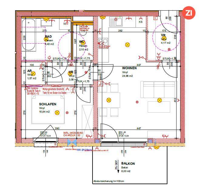 Grundriss einer Wohnung mit offenem Wohnbereich, Schlafzimmer, Bad und Balkon.