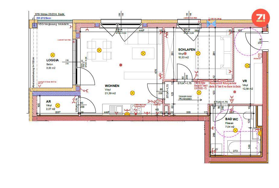 Detaillierter Grundriss einer Wohnung mit Loggia, Schlafzimmer und offenem Wohnbereich.