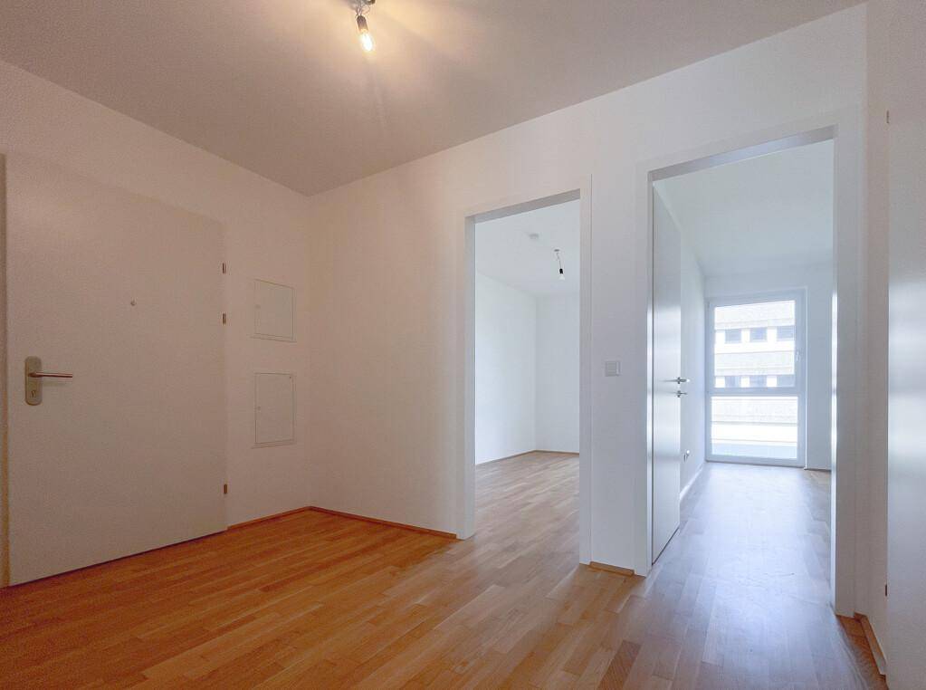 Heller Flur mit Parkettboden und offenen Durchgängen zu angrenzenden Zimmern.