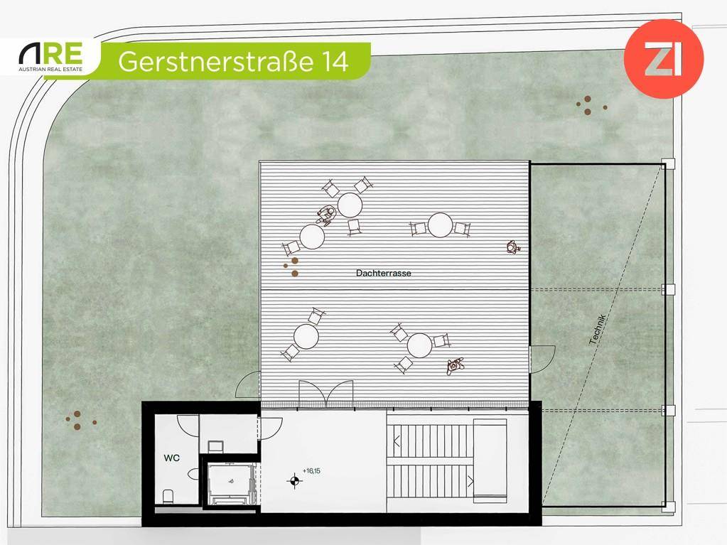 Grundrissplan einer großzügigen Dachterrasse mit Sitzgelegenheiten und separatem WC-Bereich.