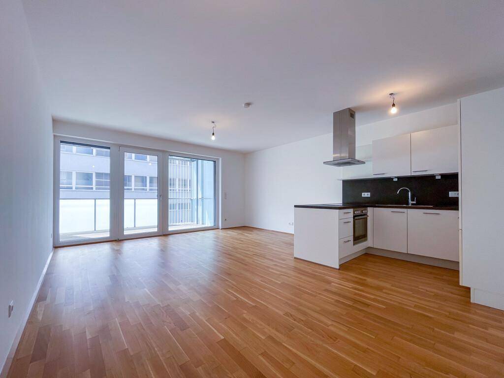 Offener Wohnbereich mit integrierter Küche, Parkettboden und Zugang zum Balkon.