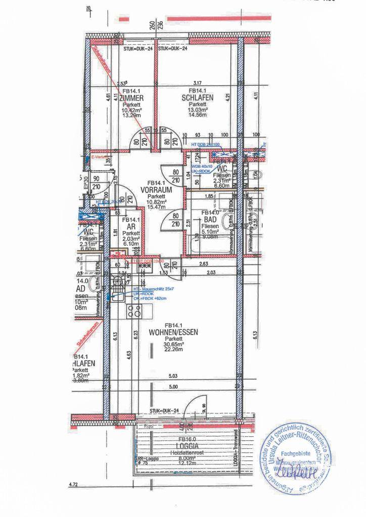 Detaillierter Grundriss einer Wohnung mit mehreren Zimmern und Loggia.