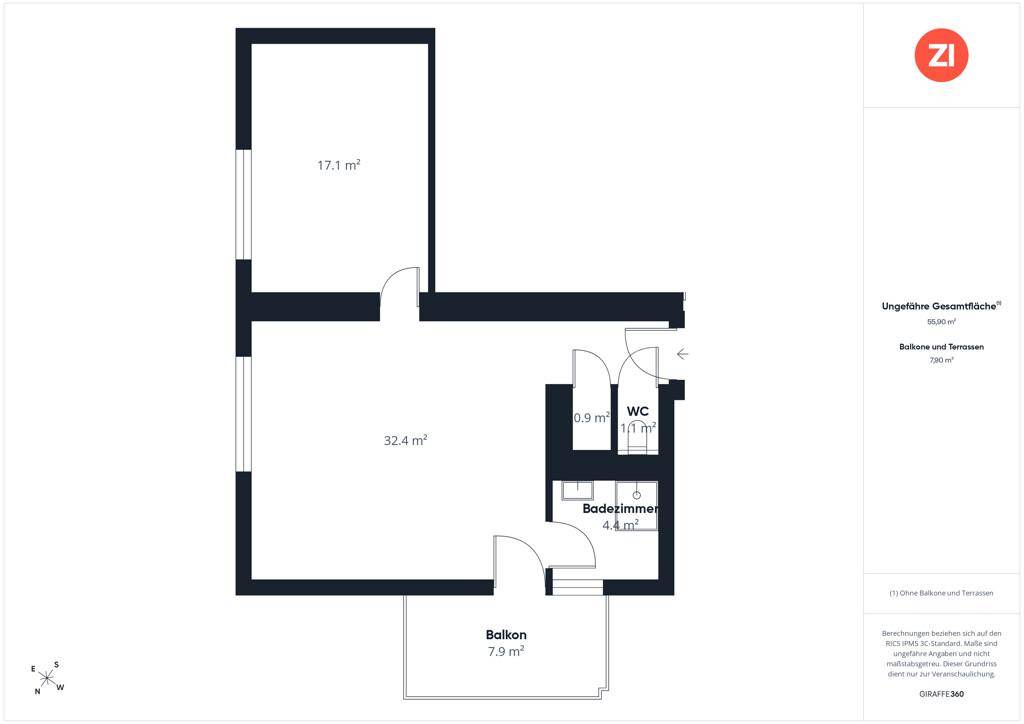 Grundriss einer Wohnung mit Wohnbereich, Schlafzimmer, Bad, WC und Balkon.