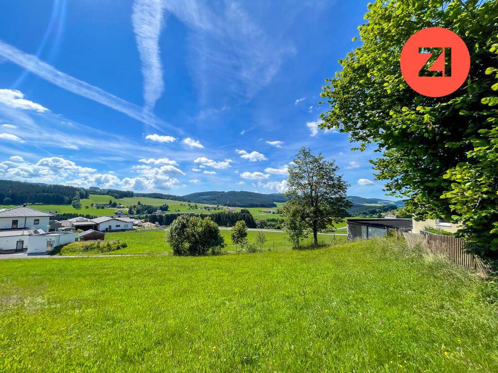 Weitblick über grüne Wiesen auf eine charmante Siedlung und die umliegende bewaldete Hügellandschaft.