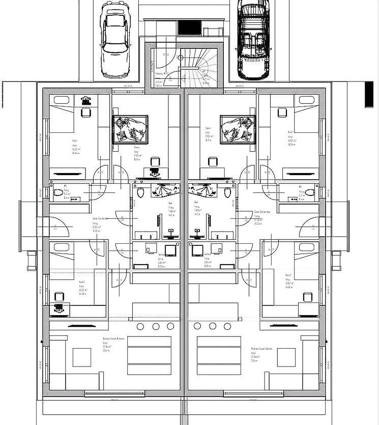 Grundrissplan von zwei spiegelverkehrten Wohneinheiten mit mehreren Zimmern und Balkonen.