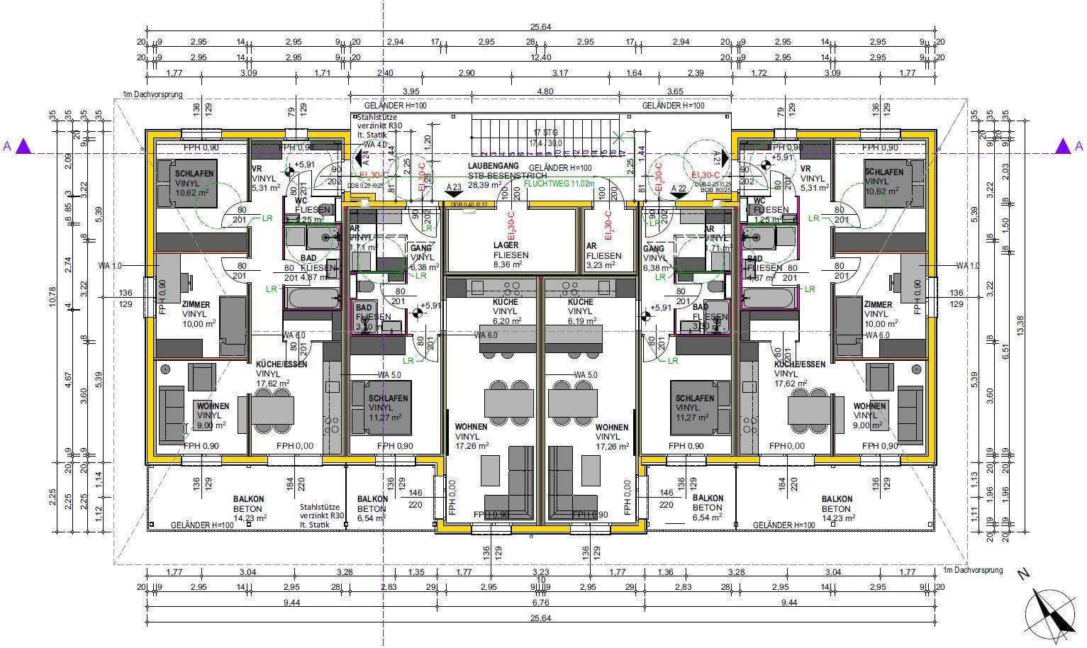 Detaillierter Grundrissplan mit zwei spiegelgleichen Wohneinheiten, inklusive Balkonen und Raumaufteilung.