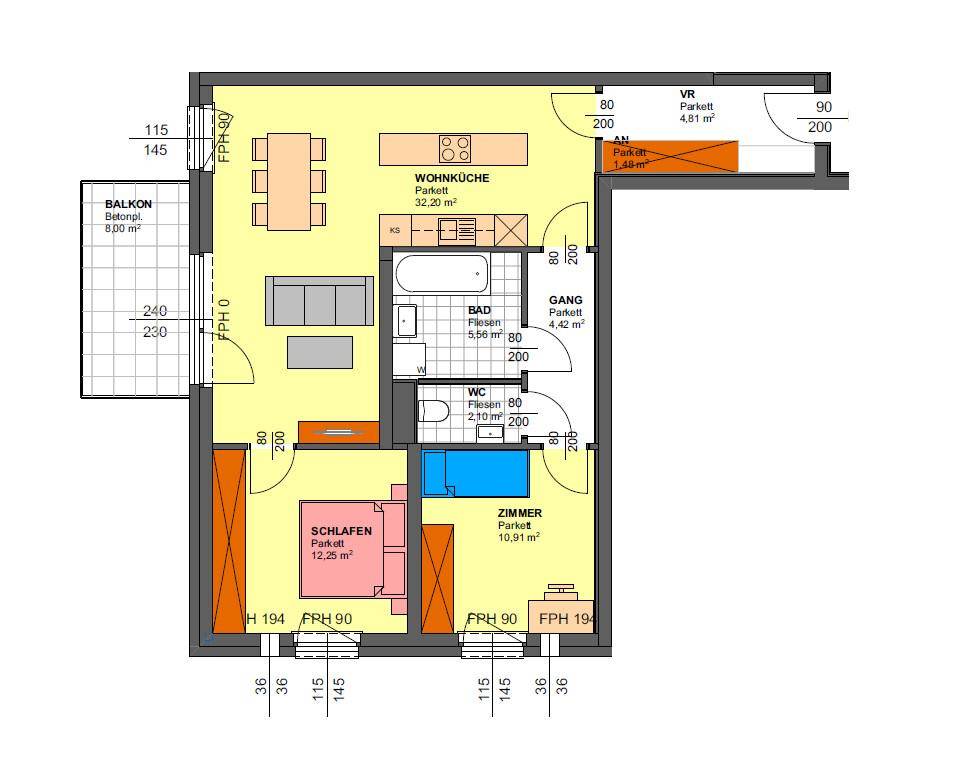 Detaillierter Grundriss einer Wohnung mit offener Wohnküche, Schlafzimmer und Balkon.