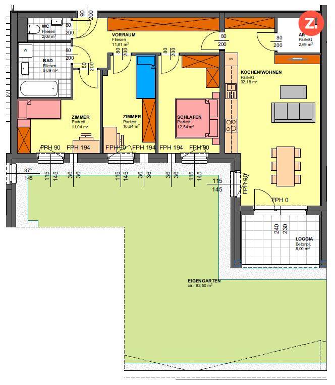 Detaillierter Grundriss einer Wohnung mit Garten, Loggia und mehreren Zimmern.
