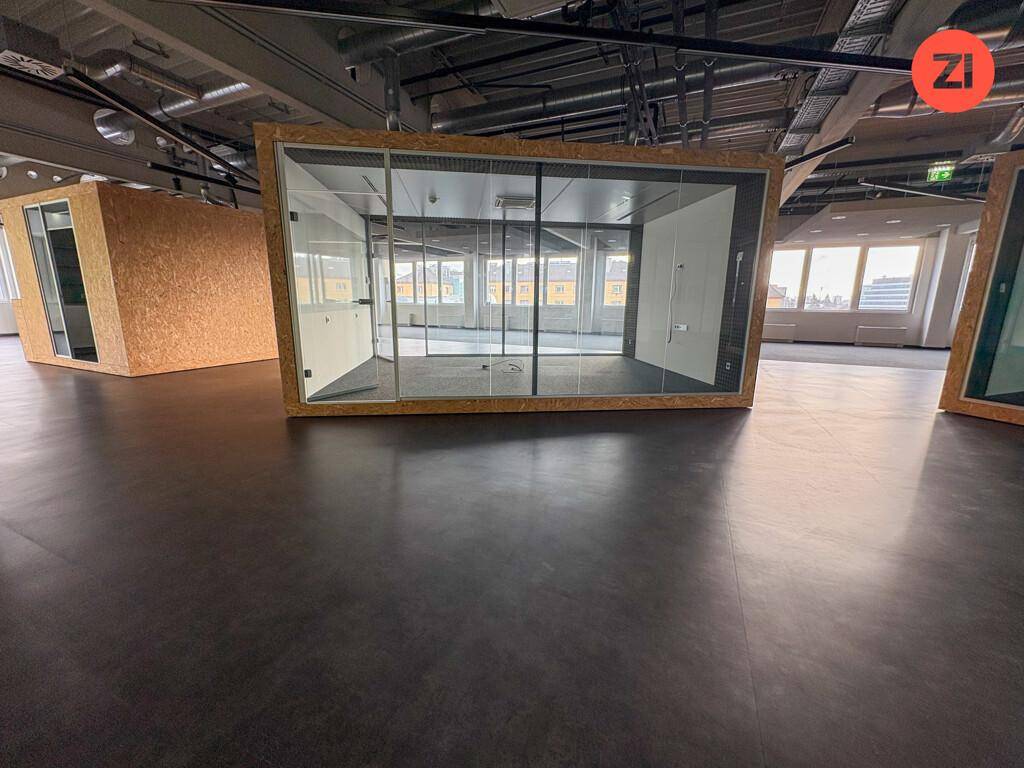 Geräumiger Bürobereich mit modernen Glasboxen und dunklem Bodenbelag.