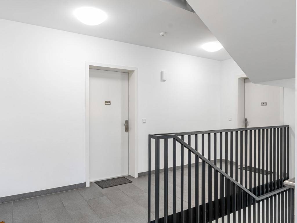 Heller Hausflur mit modernen Türen und einem schlichten Treppengeländer.