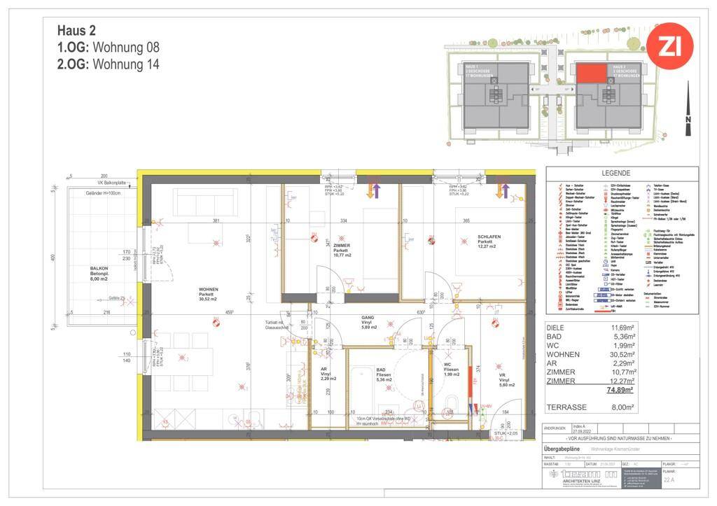 Detaillierter Grundriss einer Wohnung mit Wohn-, Schlafzimmern, Bad, WC, Balkon und Terrasse.