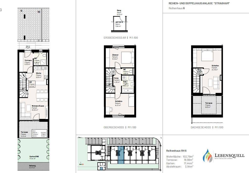 Detaillierter Grundriss eines Reihenhauses über drei Etagen mit offenem Wohnbereich, Terrassen und Garten.