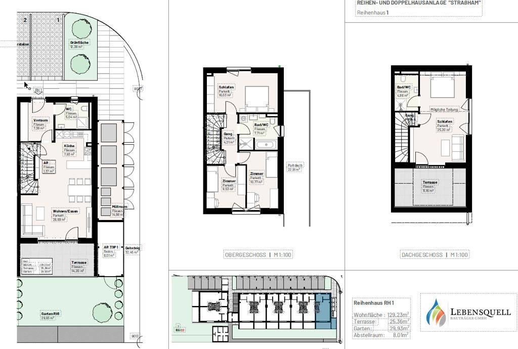 Detaillierter Grundriss eines Reihenhauses über drei Etagen mit Garten, Terrasse und mehreren Zimmern.
