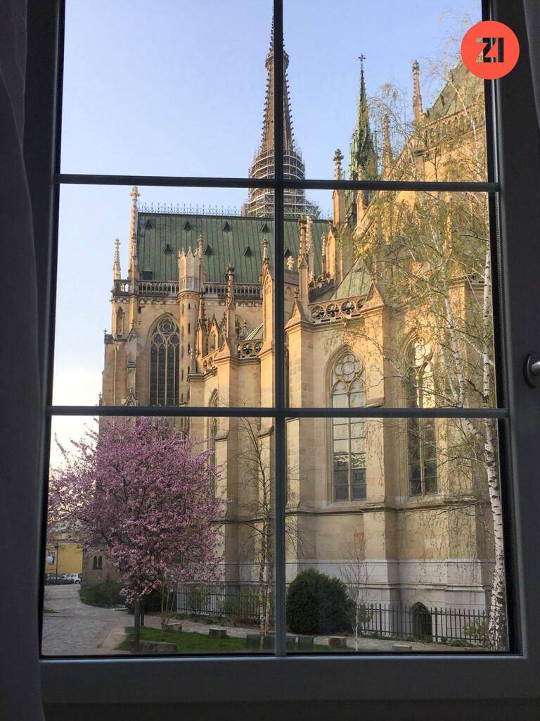 Fensterblick auf eine beeindruckende gotische Kirche und einen blühenden Baum im Frühling.