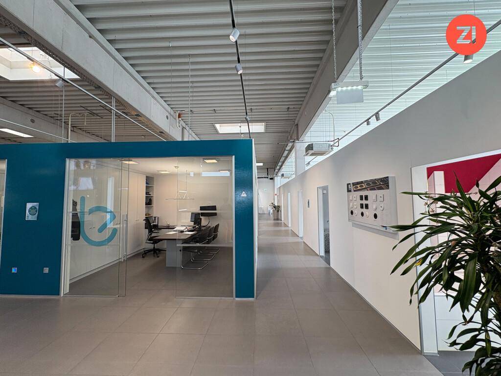 Heller Bürobereich mit Glaswänden, modernen Möbeln und Blick auf den Flur.