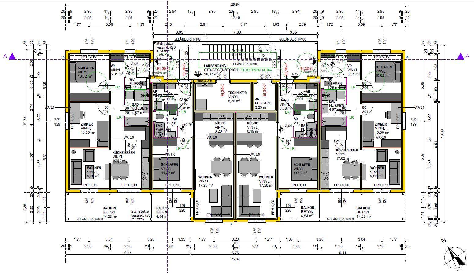 Grundrissplan mit zwei identischen Wohneinheiten, jeweils mit Balkon und offener Wohnküche.
